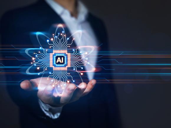 A graphic showing an AI model in an outstretched hand. 